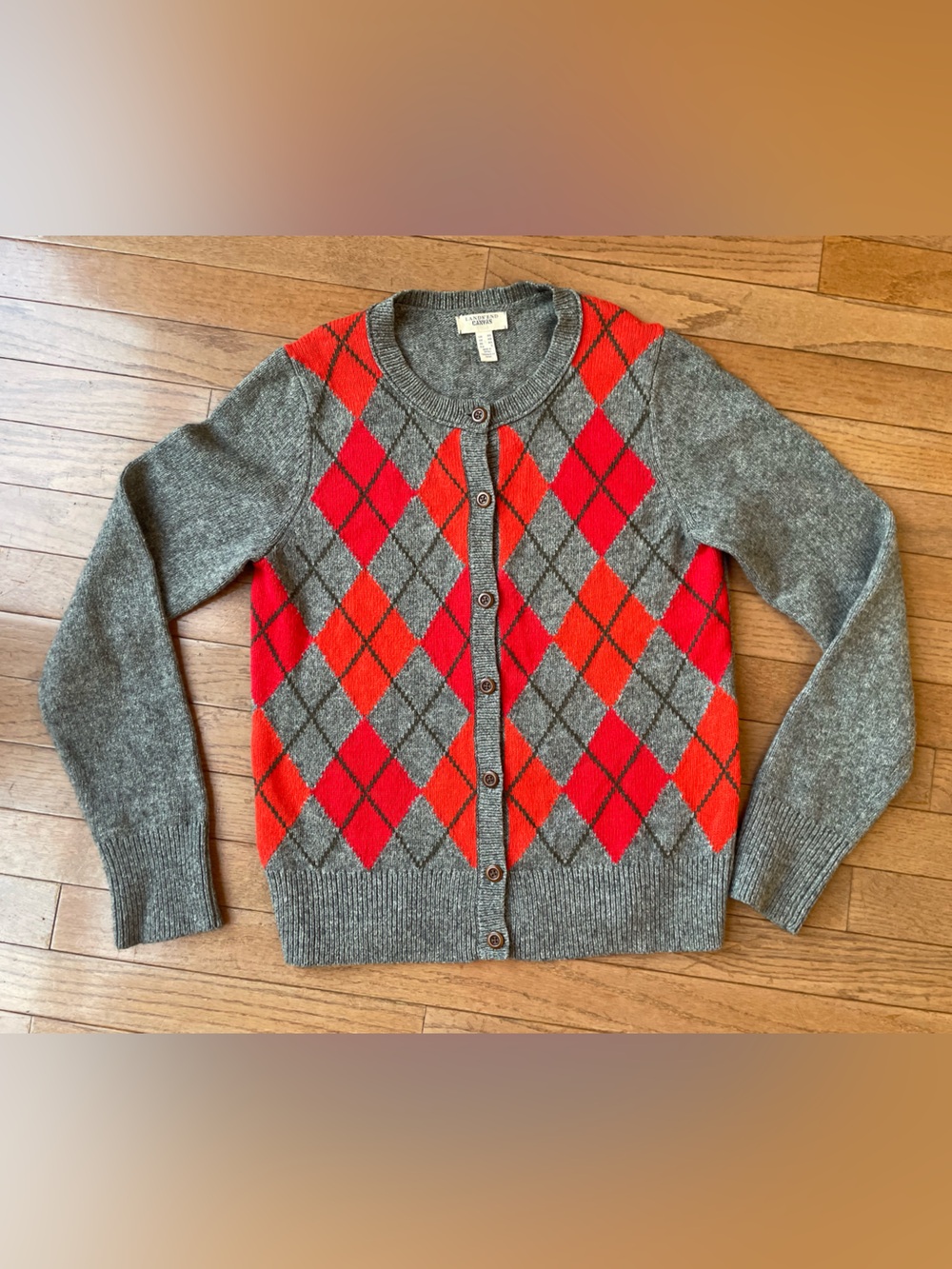Lands' End Gray Argyle Button-Front Cardigan with Red & Orange Diamonds